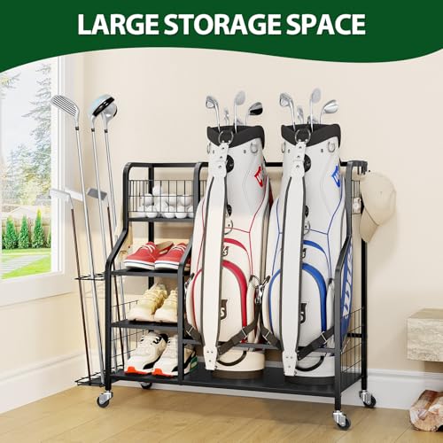 Golf Storage Organizer for Garage, Golf Bag Storage Rack with Lockable Wheels, Heavy Duty Golf Club Organizer with 3-Tier Shelves & Removable Hooks for Golf Accessories, Golf Bag Stand Holder, Black