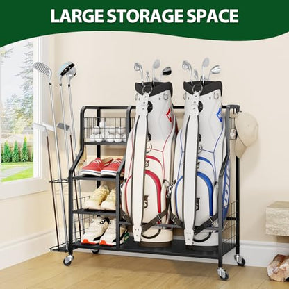 Golf Storage Organizer for Garage, Golf Bag Storage Rack with Lockable Wheels, Heavy Duty Golf Club Organizer with 3-Tier Shelves & Removable Hooks for Golf Accessories, Golf Bag Stand Holder, Black