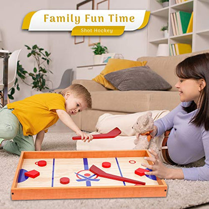 Point Games Small Tabletop Slap Shot Hockey Game, Super Durable Wooden Board with 2 Sticks and 5 Pucks, Great Family Game for Ages 5+