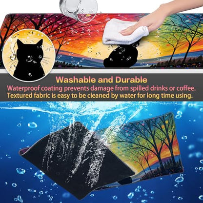 Canjoy Cute Black Cats Anime Mouse pad, 31.5x15.7inch Kawaii Computer Keyboard Mat Extended Large Gaming Mouse Pad with Non-Slip Rubber Base - color: Rainbow Cat