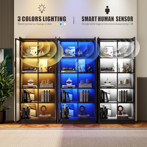 Dystler Display Cabinet with Doors and Adjustable Shelves, 65" Tall Bookcase with LED Lights/Human Sensor, 5 Tier Display Case for Collectibles Bedroom Living Room Office, Black - color: Black