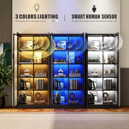 Dystler Display Cabinet with Doors and Adjustable Shelves, 65" Tall Bookcase with LED Lights/Human Sensor, 5 Tier Display Case for Collectibles Bedroom Living Room Office, Black - color: Black