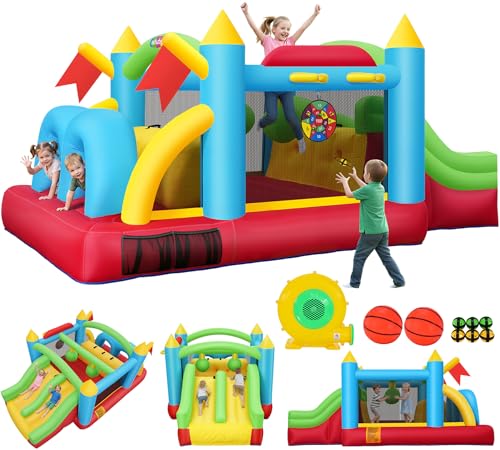 Whubefy Bounce House for Kids 3-6 Big Kids 8-12, 15.3 X 9ft Inflatable Obstacle Course with Dual Tunnels/Double Slides/Two Climbing Walls/Two Boxing Ball Obstacles/Basketball Hoops/Removable Dartboard - style: 550W Blower