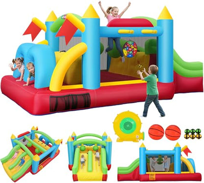 Whubefy Bounce House for Kids 3-6 Big Kids 8-12, 15.3 X 9ft Inflatable Obstacle Course with Dual Tunnels/Double Slides/Two Climbing Walls/Two Boxing Ball Obstacles/Basketball Hoops/Removable Dartboard - style: 550W Blower