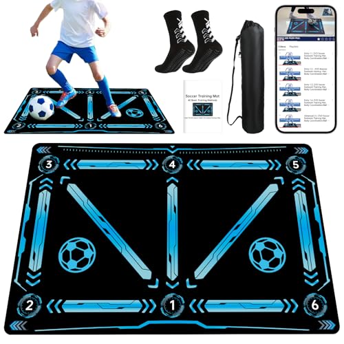 Soccer Training Mat with QR Code Video Tutorials,Non-Slip High-Density Footwork Practice Mat for Athletes & Players,Professional Ball Control & Dribbling Equipment for Home & Gym,Durable Soccer Gift. - color: 47.3*31.5 blue