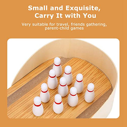 Rosvola Wooden Mini Bowling Game Set, 11.64x3.93inch, Adjustable Metal Ball Plate, Portable Stress Relief Toy for Kids Adults Home Office