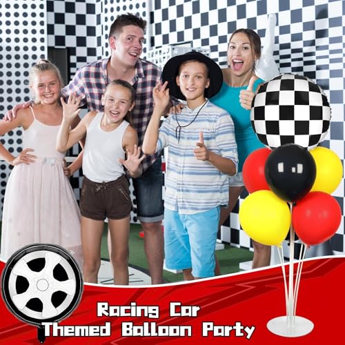 Race Car Party Balloons Stand Kit 2 Sets With 2 Checkered Foil Balloon Racing car Party Balloon Red Black Yellow Race Car Birthday Party Decor Set For Boys Let's go Racing New Year Party Decorations - style: Race Car