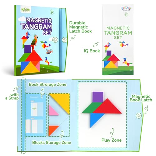 BenBen Travel Tangram Puzzle with 2 Sets Magnetic Wooden Shapes for Kids | Extra Large Dual-Sided Magnet Surface, Color Pattern IQ Book, Road Trip Car Plane Game, Educational STEM Toys for Kids Adults - style: 14 Pieces Blocks