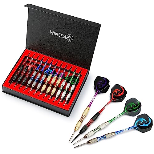 WINSDART Darts Metal Tip Set Professional Metal Darts for Dartboard Steel Tip Darts with Nonslip Iron Barrel Aluminum Dart Shafts,Extra Flights,Dart Sharpener,Gift Box - style: Flame Laser Darts Set