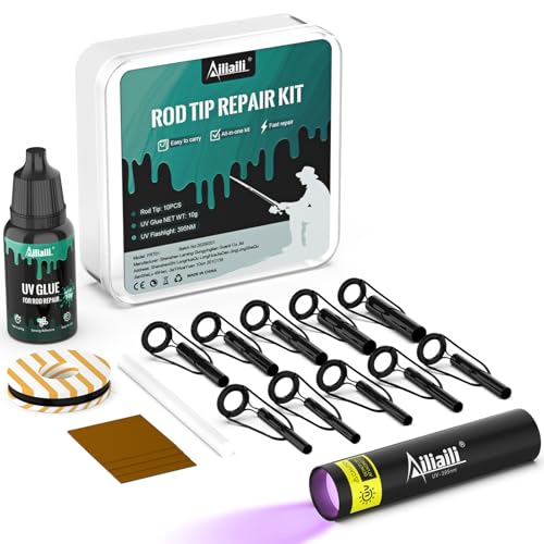 Fishing Rod Tip Repair Kit, Complete Supplies for Fishing Pole Tip Replacement with 10 Sizes Top Eyelets, Glue, UV Flashlight, Wrapping Thread, Easy&Quick Repair Broken Fishing Accessories