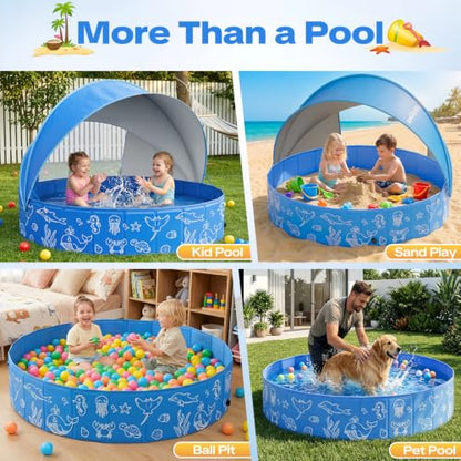 Foldable Kiddie Pool with Canopy, 47in Kids Pool with Detachable UPF 50+ Sunshade, Portable Non-Slip Swimming Pool Dog Pool for Backyard, Beach, Outdoor Summer Water Play - size: 47IN