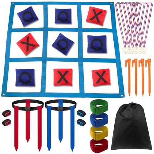 Outdoor Game Set, Kanosan Outside Giant Tic Tac Toe Bean Bag Toss Games,3 Legged Race Bands, Catch Tail Game, Field Day Birthday Party Family Reunion Carnival Yard Lawn Easter Games 28PCS - size: TG-28