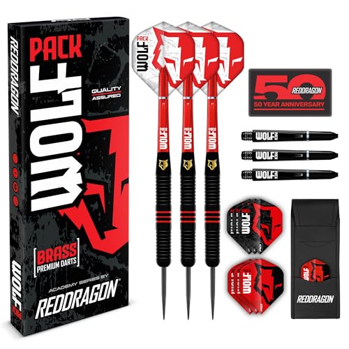 RED DRAGON Wolf Pack Brass Darts Set with Flights, Shafts & Bar Wallet - Available in Soft Tip 18g and Steel Tip 20g & 22g