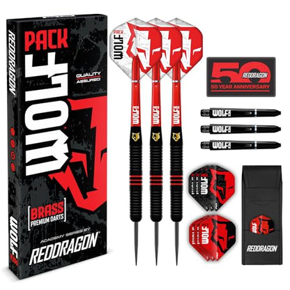 RED DRAGON Wolf Pack Brass Darts Set with Flights, Shafts & Bar Wallet - Available in Soft Tip 18g and Steel Tip 20g & 22g