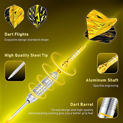 XAWU 3 Pack Steel Tip Darts Set Professional Darts 22g, 24g with 9 Dart Flights 3 Aluminum Shafts 3 Spare Shafts 1 Dart Sharpener 12 Rubber O-Rings Flight Protector and Darts Case - color: 24g Moonlight Yellow
