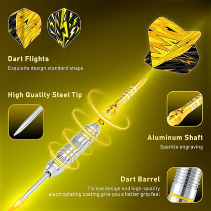 XAWU 3 Pack Steel Tip Darts Set Professional Darts 22g, 24g with 9 Dart Flights 3 Aluminum Shafts 3 Spare Shafts 1 Dart Sharpener 12 Rubber O-Rings Flight Protector and Darts Case - color: 24g Moonlight Yellow