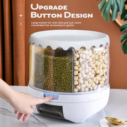 Grain Dispenser, 360° Rotating Storage Container, 6 Grid Food Dispenser with Storage Sealed Lid, Rice Dispenser for Kitchen Grains, Beans, Rice - size: M-2026 NEW
