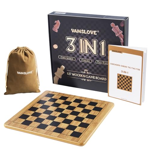 VAMSLOVE Wooden Chess Checkers Tic-Tac-Toe Game Set 11.5" x 11.5" Double-Sided 3 in 1 Board with 34 Chess Pieces - 2 Extra Queens - 24 Interlocking Checkers - Storage Bag - Instructions