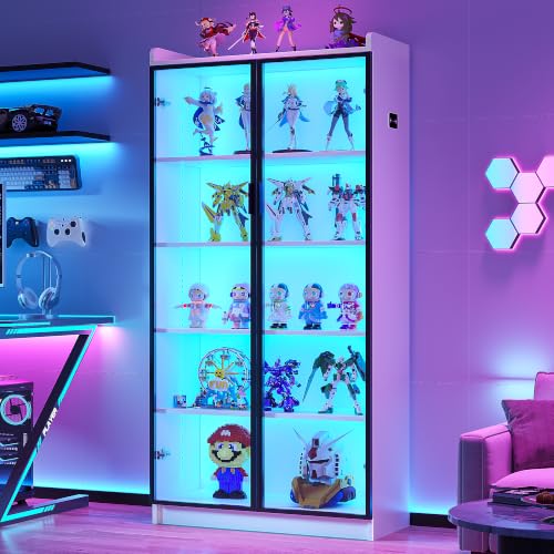 Lvifur 65" LED Display Cabinet with Lights, 5 Tier Bookcase with Adjustable Shelves for Living Room, Tall Storage Cabinet with Human Body Induction for Collectibles, Gift for Father (White) - color: White