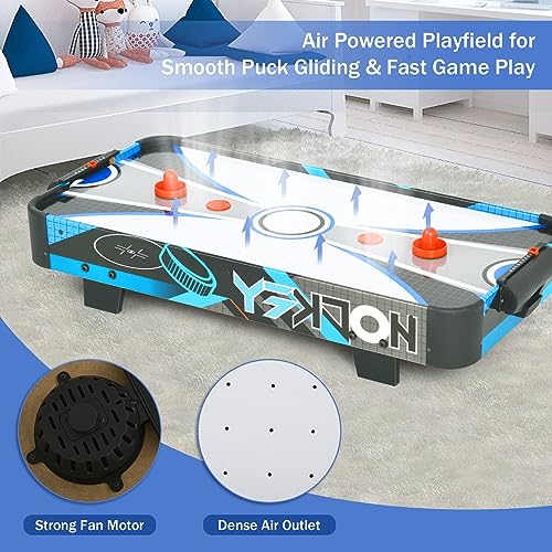 Table Top Air Hockey Table for Kids, 32” Mini Tabletop Air Hockey Game w/Electric Motor Fan, 2 Pushers and 2 Air Hockey Pucks, Great for Playing on The Floor, Tabletop (Blue & Gray)