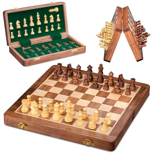 12" Large Wooden Chess Set - Handcrafted Chess Board Game with Magnetic Pieces & Storage - Deluxe Folding Board for Kids & Adults - Premium Acacia Wood Set for Home Decor, Coffee Table & Gift