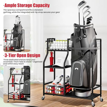 TOOLF Golf Bag Organizer, Golf Club Storage with Wheels, Sturdy Metal Golf Bag Holder Stand for Home, Garage, Outdoor, Includes 4 Storage Sections & Removable Hooks