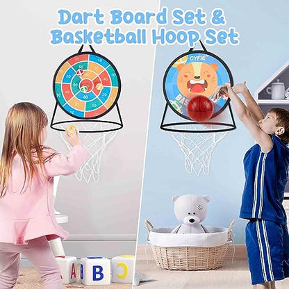 CYFIE 2-in-1 Kids Basketball Hoop & Dart Board for Toddlers,Hanging Sports Toss Game with Soft Sticky Balls, Indoor Outdoor Active Play Toss Toy，Portable Family Toss Game Gift for Boys Girls Ages 3-8