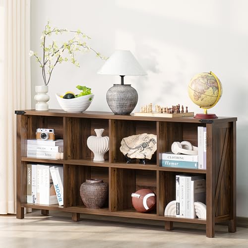 Joaxswe 8 Cube Book Shelf, Farmhouse Wood Long Storage Organizer Bookcase, 62" Horizontal Brown Walnut Console Closet Bookshelf, Hallway TV Stand for Entryway, Display Cabinet Book Case for Office - color: Brown Walnut, size: 8 Cube (13.6"D x 62"W x 29.7"