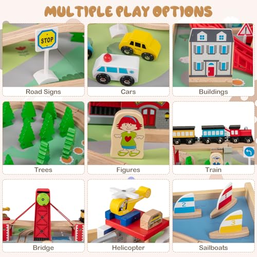 Costzon Train Table, 3-in-1 Wooden Activity Table W/ 3 Storage Bins, Reversible 94 PCS Track Train Toys & Table Map for Building, Playing, Studying, Eating, Kids Train Set Table for Boys Girls Aged 3+ - size: 36" x 25" x 15.5" (L x W x H)