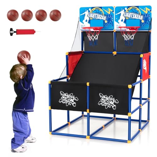 GLACER Arcade Basketball Game Indoor, Kids Double Shot Basketball Shooting Game w/4 Balls & Air Pump, 2 Player Non-Electronic Basketball Hoop Game, Ideal Gifts for Boys Girls Aged 3+