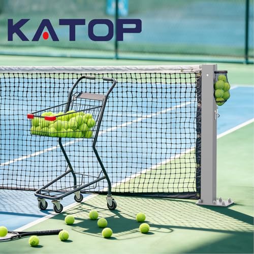 Katop Surface Mount Tennis Net Posts with Heavy Duty Double-Layer Tennis Net, 4'' Square Aluminum Alloy Posts, Unique Built-in Winder Design, ITF Compliant, Sturdy and Durable - color: Black