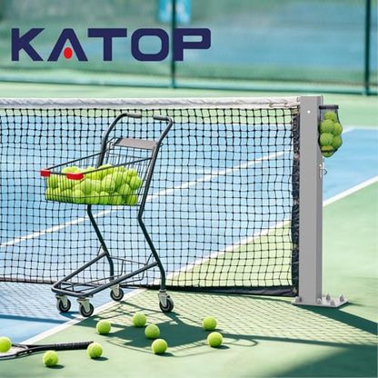 Katop Surface Mount Tennis Net Posts with Heavy Duty Double-Layer Tennis Net, 4'' Square Aluminum Alloy Posts, Unique Built-in Winder Design, ITF Compliant, Sturdy and Durable - color: Silvery Gray
