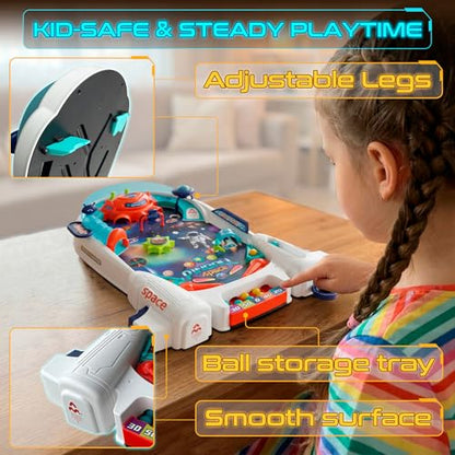 Space Pinball Machine — Tabletop Arcade Game with Obstacles, Pull-Rod Launcher, Flippers, UFO Targets & Astronaut Theme, 1-2 Player Mini Pinball for Kids - style: Space Pinball