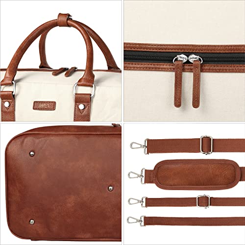 Weekender Bag for Women, Large Overnight Bag Canvas Travel Duffel Bag Carry On Tote with Shoe Compartment 21" 3Pcs Set - color: A01-brown+beige