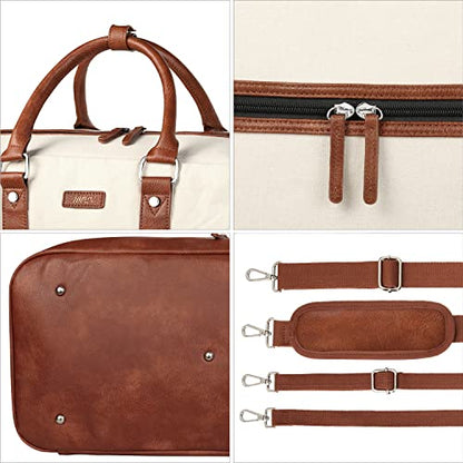 Weekender Bag for Women, Large Overnight Bag Canvas Travel Duffel Bag Carry On Tote with Shoe Compartment 21" 3Pcs Set - color: A01-brown+beige