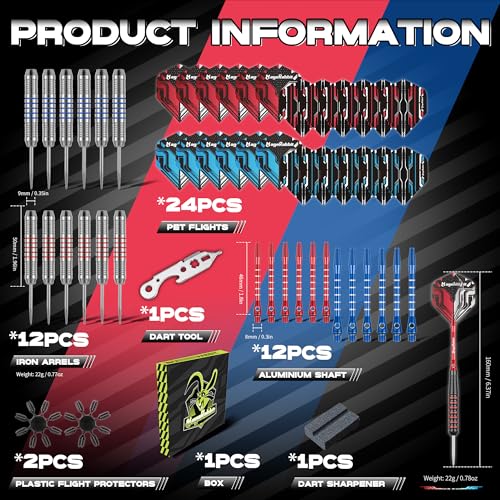 Darts Metal Tip Set 12pcs+24pcs Dart Flights+Dart Accessories Kit.Professional Steel Tip Darts - color: red and white