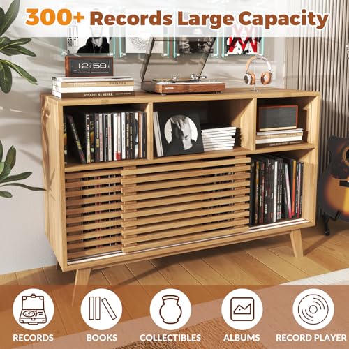47" Large Record Player Stand with Sliding Doors, Mid Century Modern Vinyl Record Storage Display Cabinet Up to 350 LPs, Turntable Media Console for Living Room (Oak)
