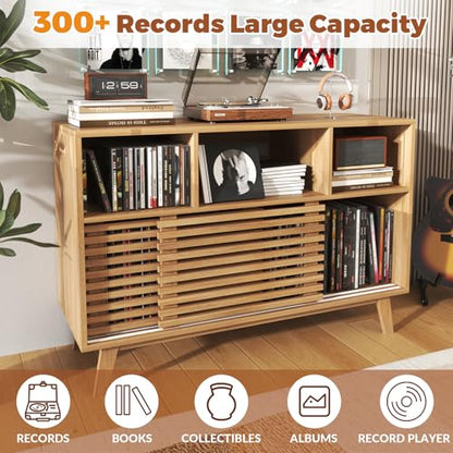 47" Large Record Player Stand with Sliding Doors, Mid Century Modern Vinyl Record Storage Display Cabinet Up to 350 LPs, Turntable Media Console for Living Room (Oak)