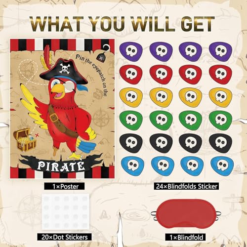 WERNNSAI Pin the Eyepatch on the Pirate - Pirate Birthday Party Supplies for Kids Boys Halloween Treasure Hunt Party Game 28" x 21" Parrot Poster with 24 Stickers and Blindfold - style: Pirate