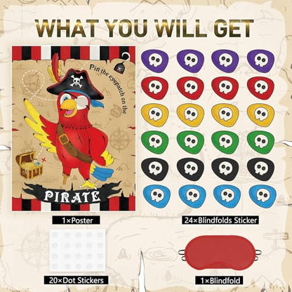 WERNNSAI Pin the Eyepatch on the Pirate - Pirate Birthday Party Supplies for Kids Boys Halloween Treasure Hunt Party Game 28" x 21" Parrot Poster with 24 Stickers and Blindfold - style: Pirate