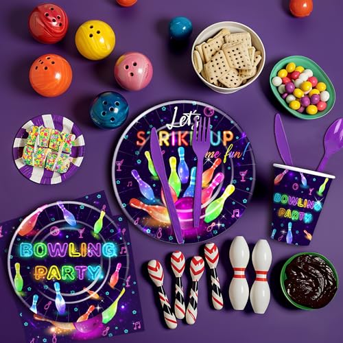 Bowling Party Decorations Dinnerware, Strike Up Some Fun Bowling Ball Birthday Party Supplies Tableware, Paper Plate, Napkin, Tablecloth, Disposable Fork, Serves 24