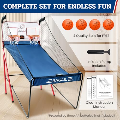 BAGAIL Basketball Arcade Game, Electronic Basketball Shooting Game with 8 Game Modes, Arcade Sounds, Foldable Frame, 4 Balls, Inflation Pump, Ideal Indoor Sport Games for All Players - Dual Shots - style: Dual Shots