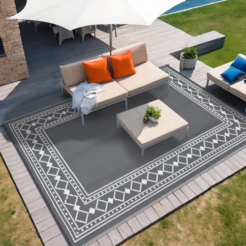 GarveeHome 9x12 Outdoor Rug Waterproof Foldable Plastic Straw Carpet for Patio Porch Modern Bordered Reversible Mat Lightweight Floor Mat for Picnic, Backyard, Rv, Beach, Deck, Camper, Balcony, Grey - color: Charcoal Gray & White, size: 9' x 12' (Rectangu