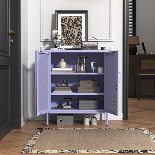Accent Cabinet Locker, Lockable Storage Cabinet with Mesh & Metal Doors, 3-Tier Heavy Duty Steel Cabinet with 2 Adjustable Shelves, for Living Room, Home Office Purple 33"H x 29.5"W x 13.8"D - color: Lilac, style: Cabinet-33"H-SW
