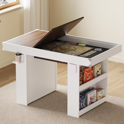 Board Game Table w/ Removable Top & PU Leather Mat, 2-in-1 Dining and Gaming Table for 4–6 Players, w/ Storage Shelves, Cup Holders, and Corner Protectors, for Card Games, DND, Poker, Building Blocks - color: Rustic Brown