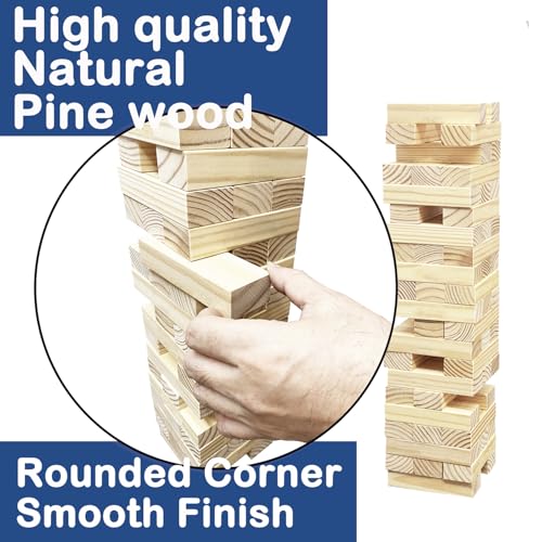 Jac & Mok Tumble Tower Wooden Toppling Blocks Game Set,Stacking Timber Games with Carrying Bag (54 pcs Large Tumble Tower with Dice)