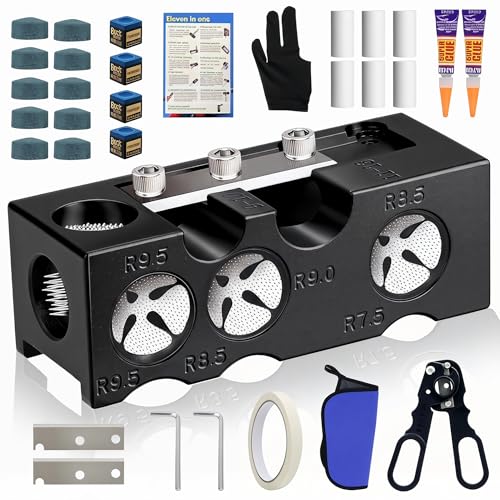 11-in-1 Billiards Pool Cue Tips Shaper,Upgraded Aluminum Alloy Pool Cue Tips Replacement Kit Professional Cue Stick Tool,Pool Cue Accessories for Replacement and Shaping Cue Tips - color: black