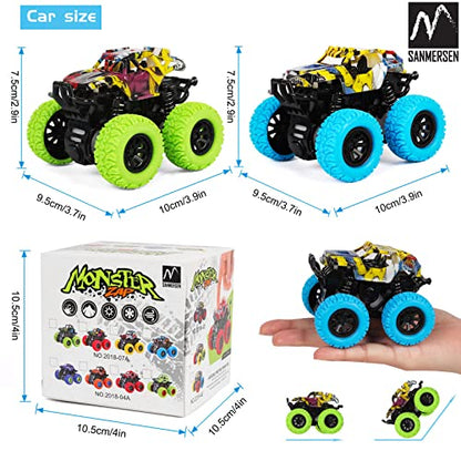 M SANMERSEN Monster Truck Toys for Kids, Friction Cars for Toddlers Push and Go 360° Rotating Stunt Car for 3+ Year Old Boys Girls Gifts (2 Pack - Blue and Green) - color: Blue