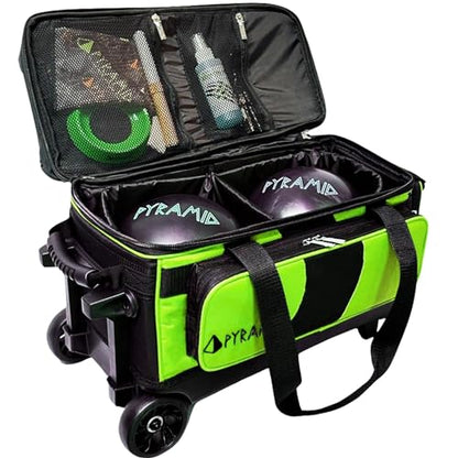 Pyramid Deluxe Double Roller 2 Ball Bowling Bag with Large Separate Shoe Compartment (Up To 2 Pairs Of Shoes) and Accessory Pockets, Sturdy Square Handle - Extends to 40" - Pro Options Available - color: Pro Black/Lime Green