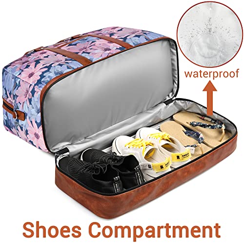 Weekender Bag for Women, Large Overnight Bag Canvas Travel Duffel Bag Carry On Tote with Shoe Compartment 21" 3Pcs Set - color: A10-brown+blue flower
